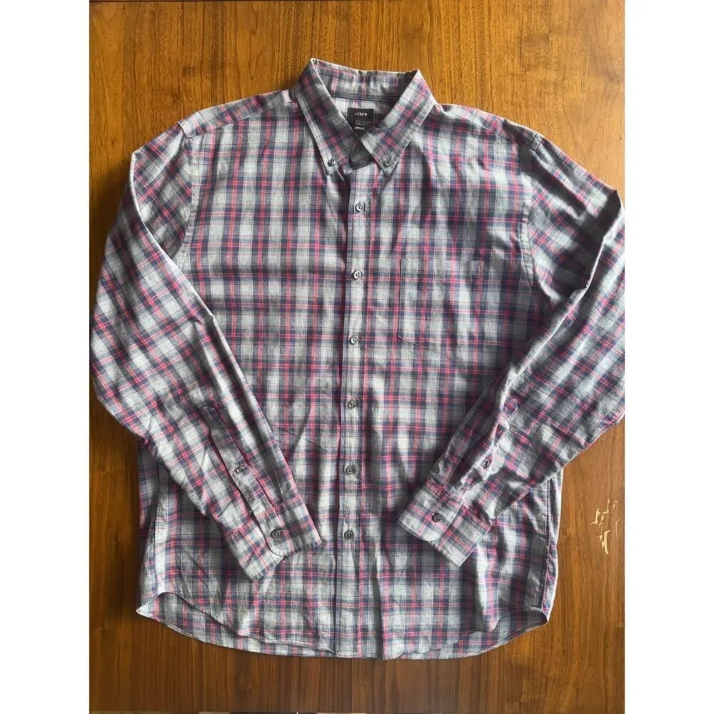 J.Crew Men's Brushed Cotton Grey Plaid Button-Up - Size L